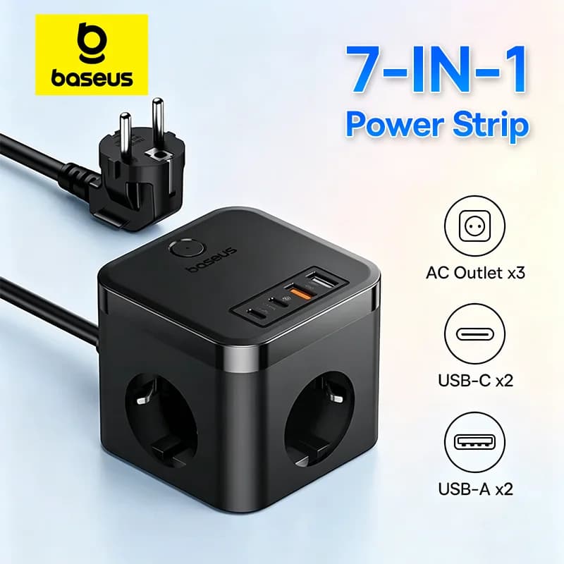 7-i-1 GaN-strømstrip med 3 AC-uttak og USB-C
